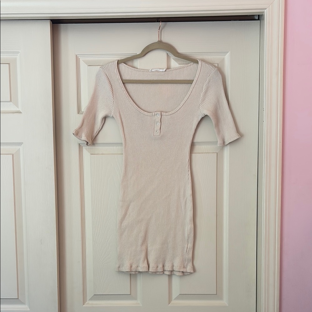 Lush Cream Ribbed Dress Mid Sleeve